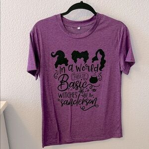 Novelty Hocus Pocus Purple Graphic Tee with Sanderson Sisters Witch Design.
